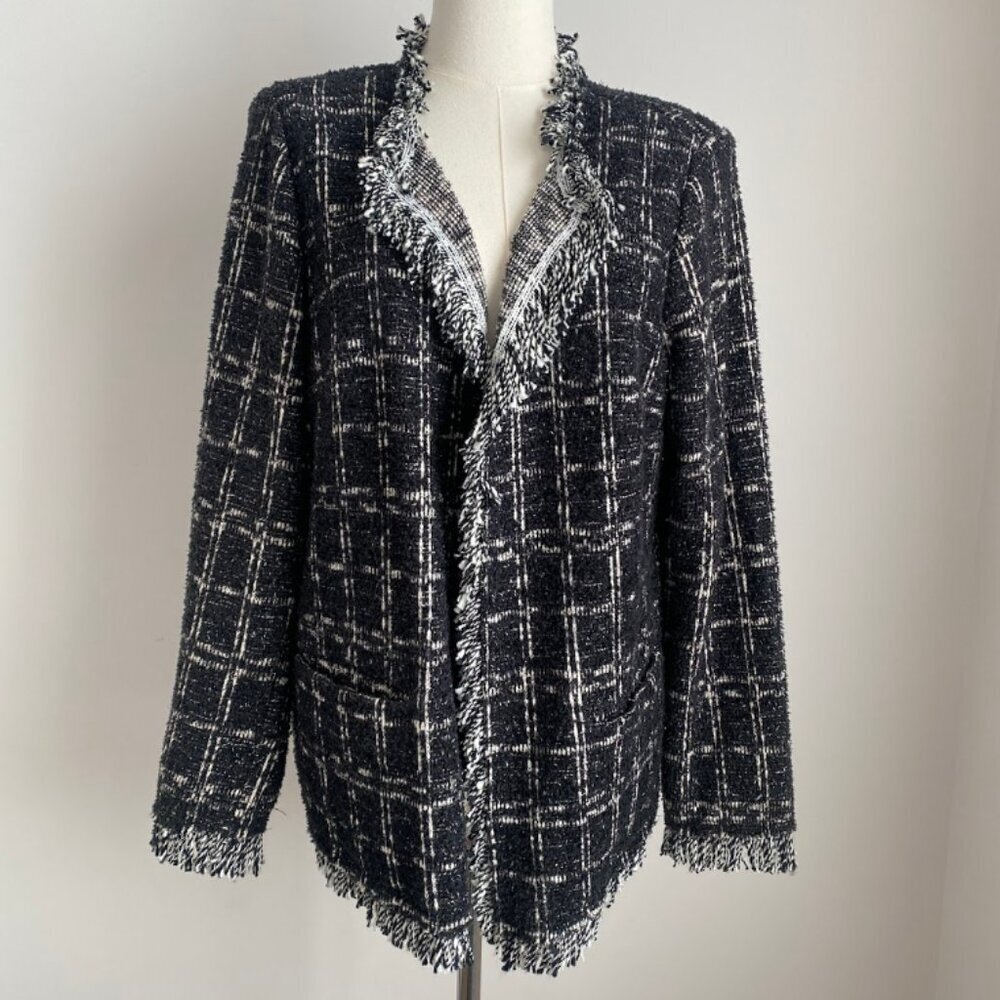 Joan Rivers Plaid Boucle Jacket Blazer Fringe Edge Cotton Blend Size M